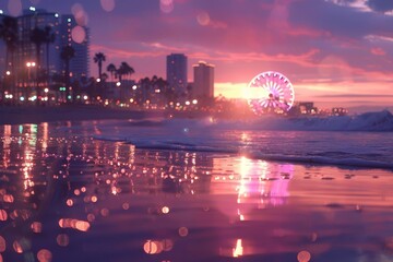 Beach scene with a cityscape, close up, focus on, vibrant colors, double exposure silhouette with skyscrapers