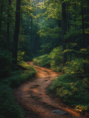 Obraz premium A forest path with a trail of leaves and a rock