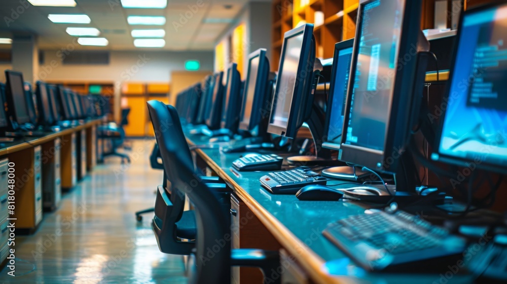 Poster An empty school computer lab showing rows of desks with computers, chairs, and keyboards, lit by daylight streaming in from the windows.