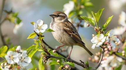 Fototapeta premium Sparrow Perched on Blossoming Branch in Spring