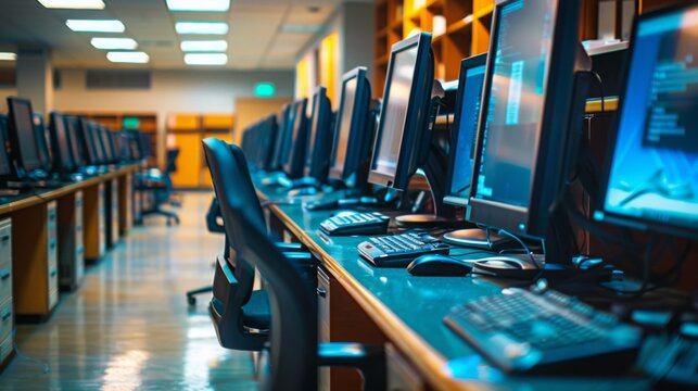 An empty school computer lab showing rows of desks with computers, chairs, and keyboards, lit by daylight streaming in from the windows.
