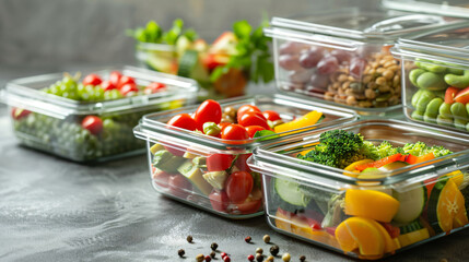 Containers with healthy food on light background closeup 