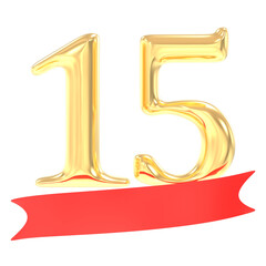 Anniversary 15 Number Gold And Red 3d Rendering