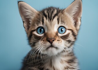 Obraz premium A Kitten's Head with Paws Up, Peeking Over a Blue Wooden Background. Little Tabby Cat Curiously Looking Out from Behind the Blue Background. Pet Adoption, Shelter, Rescue, and Help for Pets. 