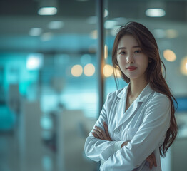 Obraz premium A confident Asian female doctor stands with crossed arms in a white coat, portrayed in a modern, brightly lit hospital corridor.