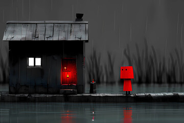 Cloaked in crimson, a enigmatic figure with a red hood approaches a weather-beaten shack in the midst of a desolate monochromatic landscape, casting an aura of intrigue and uncertainty over the scene