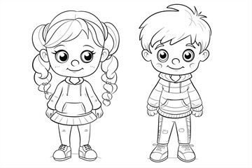 Coloring Pages with cute girls and boys Characters, Coloring book, happy children set.