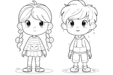 Coloring Pages with cute girls and boys Characters, Coloring book, happy children set.