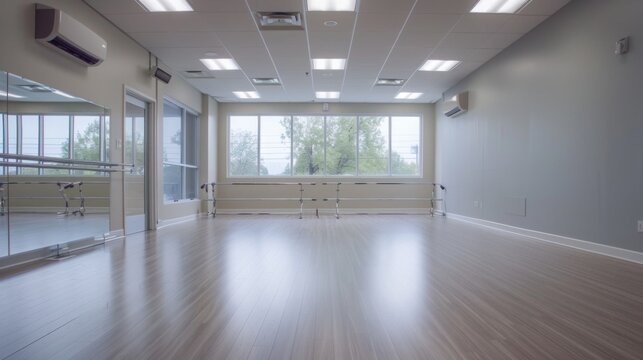 A well-lit, empty dance studio featuring large windows, mirrored walls, wooden floors, and ballet barres, creating an ideal space for practice and classes.