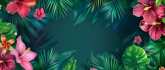Obraz premium Text space banner frame flower Spring background. flower background for design. Colorful background with tropical plants