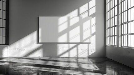 Fototapeta premium Large blank canvas in sunlit minimalist art studio with concrete floor - afternoon