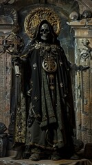 Obraz premium In this ominous portrayal, a lich clothed in dark mystical robes adorned with arcane symbols wields powerful magic. The smoky, eerie backdrop adds to the aura of dark sorcery.