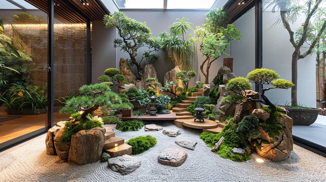 Indoor zen garden with bonsai and miniature landscapes, serene and meditative space