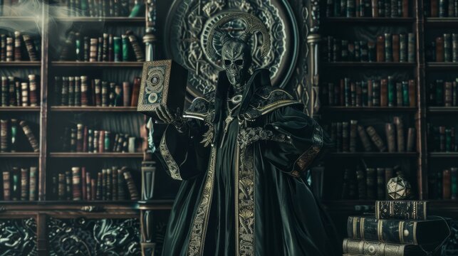 In this ominous portrayal, a lich clothed in dark mystical robes adorned with arcane symbols wields powerful magic. The smoky, eerie backdrop adds to the aura of dark sorcery.