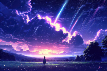 Generative AI, the sight of a meteor shower on a beautiful night with a dark sky dotted with soft light emanating from stars that sparkle like diamonds, beautiful meteor shower, cool anime landscape