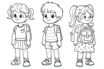 Coloring Pages with cute girls and boys Characters, Coloring book, happy children set.