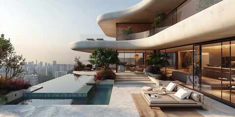 Fototapeta premium A contemporary apartment with an expansive balcony and infinity pool. The outdoor space features modern furnishings and a seamless blend of indoor and outdoor living for a luxurious lifestyle.