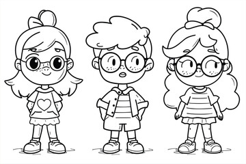 Coloring Pages with cute girls and boys Characters, Coloring book, happy children set.