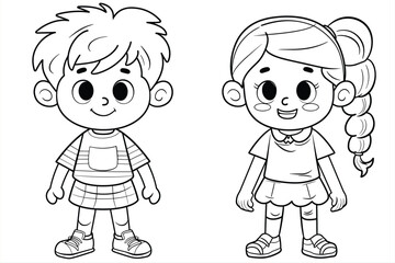 Coloring Pages with cute girls and boys Characters, Coloring book, happy children set.