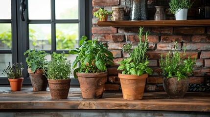 Herb garden in a rustic kitchen, fresh basil, rosemary, and thyme in terracotta pots, cozy and aromatic