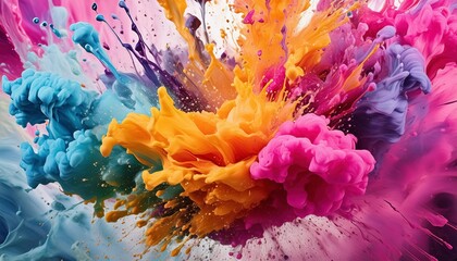 Vibrant explosion of blue, orange, pink, purple, and yellow paint splashes in dynamic motion,...
