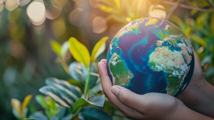 Hands Holding a Globe of Earth Over Growing Plants
