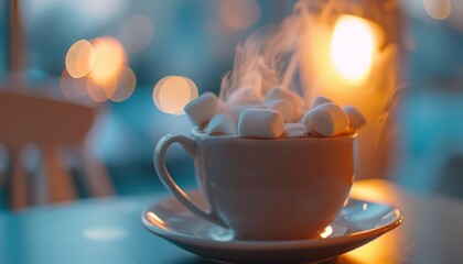 A close-up shot of a steaming cup of hot chocolate with marshmallows on top