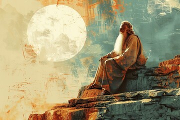  A minimalist depiction of Abraham on Mount Moriah sacrificing Isaac, crafted with clean lines and subtle details to convey the emotional depth and spiritual significance of this profound event