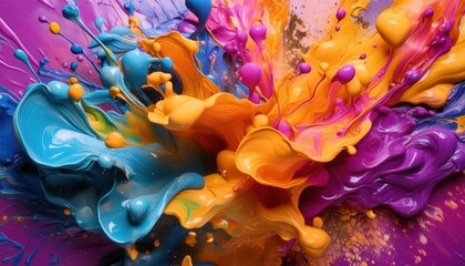 Vibrant explosion of blue, orange, pink, purple, and yellow paint splashes in dynamic motion,...