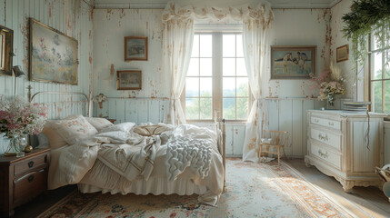 A charming, cottage-style bedroom from the 1930s with a white, iron bed frame and soft, pastel colors