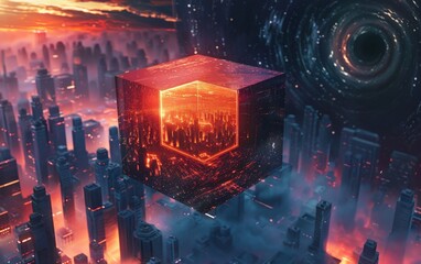 A glowing cube floating in mid-air, casting a holographic image of a city skyline, against a backdrop of a swirling black hole