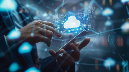 Cyber security network. Data protection. Businessman using mobile phone and laptop with network security on internet technology networking with cloud computing, privacy data management, cybersecurity