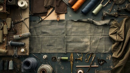 An artisanal display of sewing essentials and various industrial fabrics with rich textures, capturing the timeless craftsmanship of tailoring on a vintage workbench.