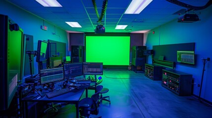 A state-of-the-art video production studio featuring a green screen, various cameras, monitors, and control equipment, illuminated with blue and green lights.
