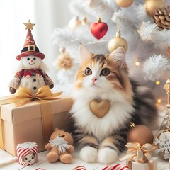 A cat sitting next to a christmas tree realistic meaning has illustrative image.
