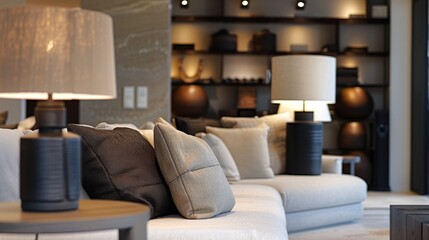 Close-up of a chic living room with avant-garde lamps and contemporary shapes, showcasing a modern design