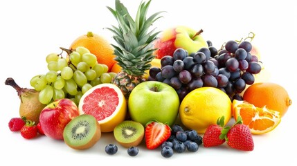 A variety of fruits are arranged together on a white background.
