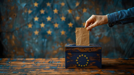 European Union elections concept image background , ballot box with EU flag colors and stars and hand holding a ballot paper voting
 - Powered by Adobe