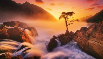 purple sunset over cliff with single tree. waves are crashing the rocks; long exposure photograph...