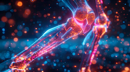 A colorful skeleton with a pink bone. The skeleton is surrounded by a blue background. The bone is glowing and he is pulsating. Concept of life and energy, as if the skeleton is still alive and active