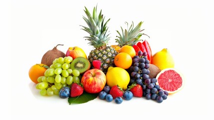 A variety of fruits including apples, grapes, pineapple, oranges, kiwi, and strawberries