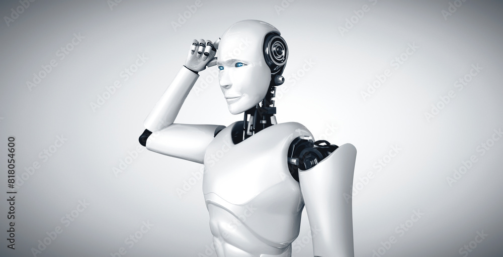 Poster mlp 3d illustration thinking ai humanoid robot analyzing information data in concept of artificial i
