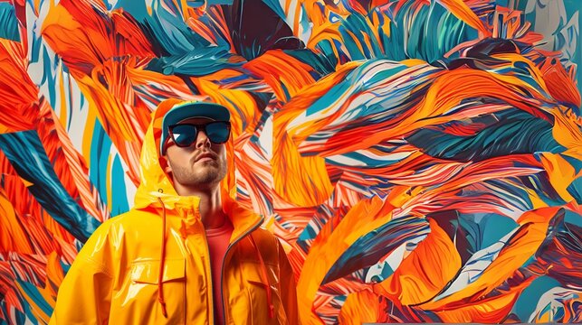 Handsome man in a yellow raincoat and sunglasses. Abstract multicolored background. Brunet - model with facial hair and a baseball cap with a serious face looking towards the screen