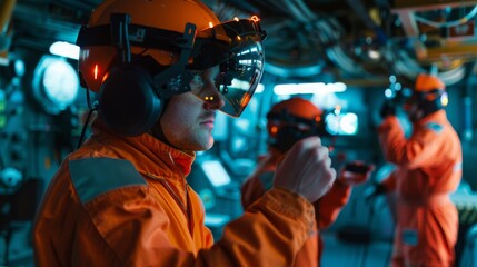 Obraz premium Render a scene of crew members undergoing augmented reality training simulations, practicing emergency procedures and equipment maintenance in a virtual ship environment 