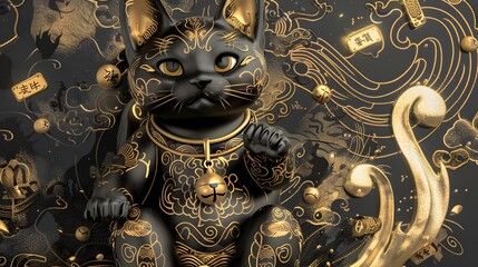 Fototapeta premium 3D. Realistic. Printing. Illustrate. Generate AI. Ancient Egyptian Lucky Cat, right front leg up, surrounded by golden hieroglyphic coins, pyramids in the background, mystical and detailed.