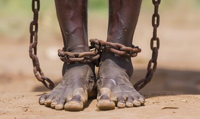 closeup of african foot bound by steel chain. for commemorate freedom from slavery in America. Juneteenth celebrate photo concept.