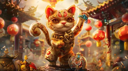 3D. Realistic. Printing. Illustrate. Generate AI. Traditional Japanese Lucky Cat, right front leg up, sitting on a pile of ancient coins, detailed kimono patterns, serene background.