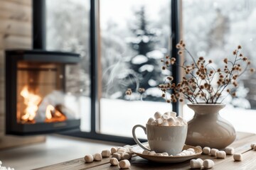 A steaming cup of hot chocolate with marshmallows on a saucer beside a well-worn copy of a children's book Background A cozy fireplace with flickering flames