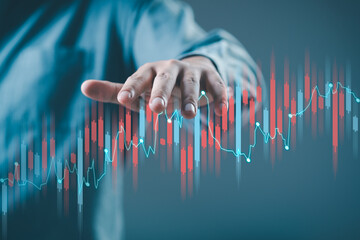 BusinessMan hand using mobile phone checking stock market graph report via mobile app. finance and...