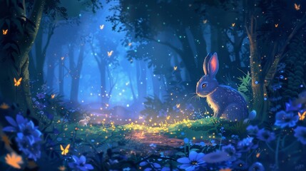 enchanted forest at night with glowing rabbit and fireflies magical fantasy landscape digital painting